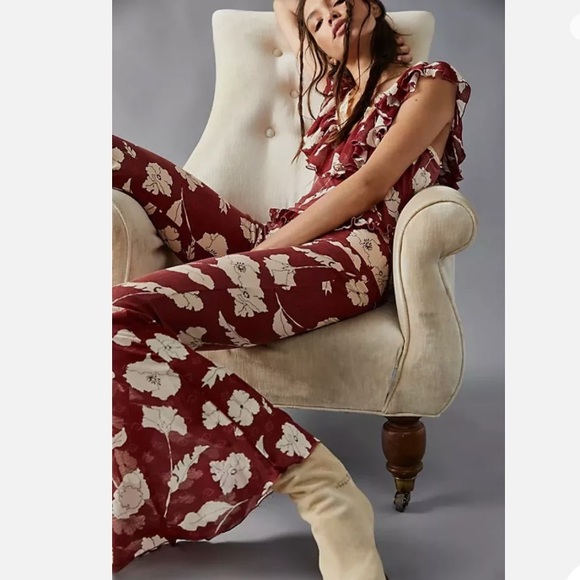 Free People Austyn One Piece Flare Leg Jumpsuit Floral Ruffle size Large - Picture 3 of 16